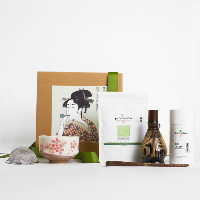 Japanese Matcha Tea Set with whisk, bowl scoop and ceremonial matcha powder