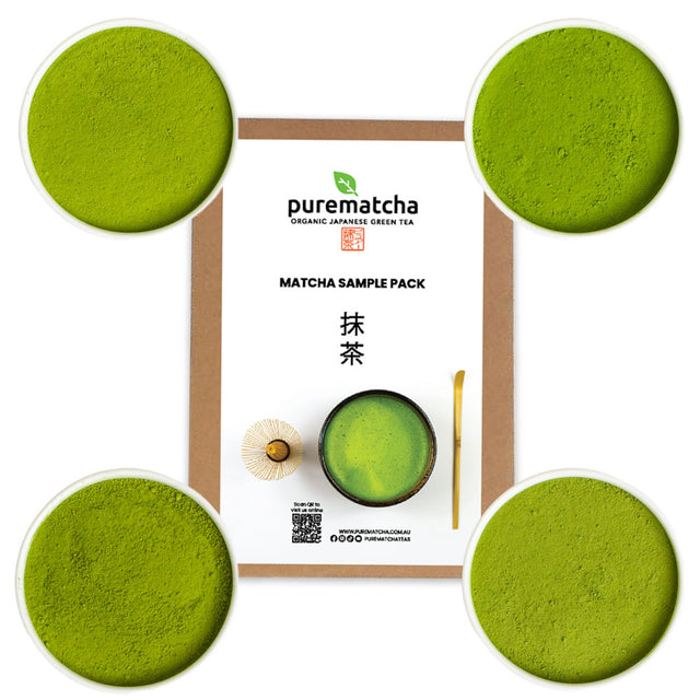 Purematcha matcha sample pack with green powder on a white background