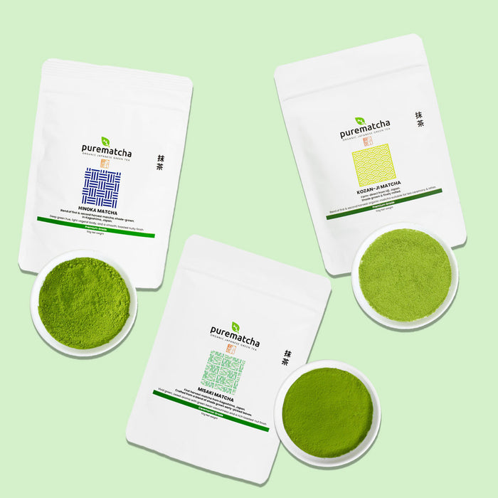 Pure matcha ceremonial and premium pack on light green background with image of matcha powders. 