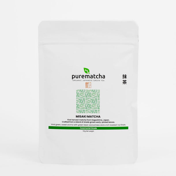 Purematcha green tea package on a white background