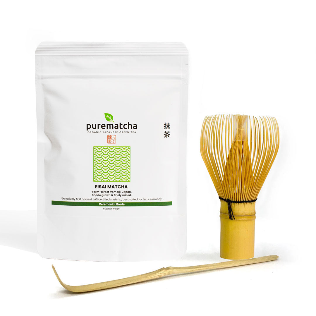 EISAI ceremonial matcha — bamboo whisk, scoop and pouch