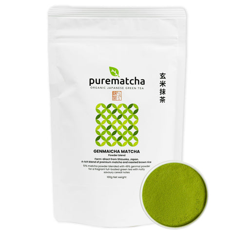 White packaging of purematcha Genmaicha Matcha with green powder on a white background