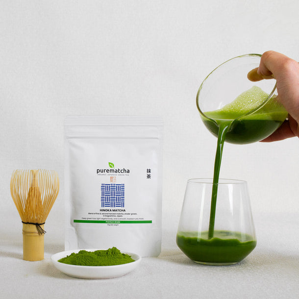 HINOKA matcha tea being poured from matcha spout bowl into drinking glass