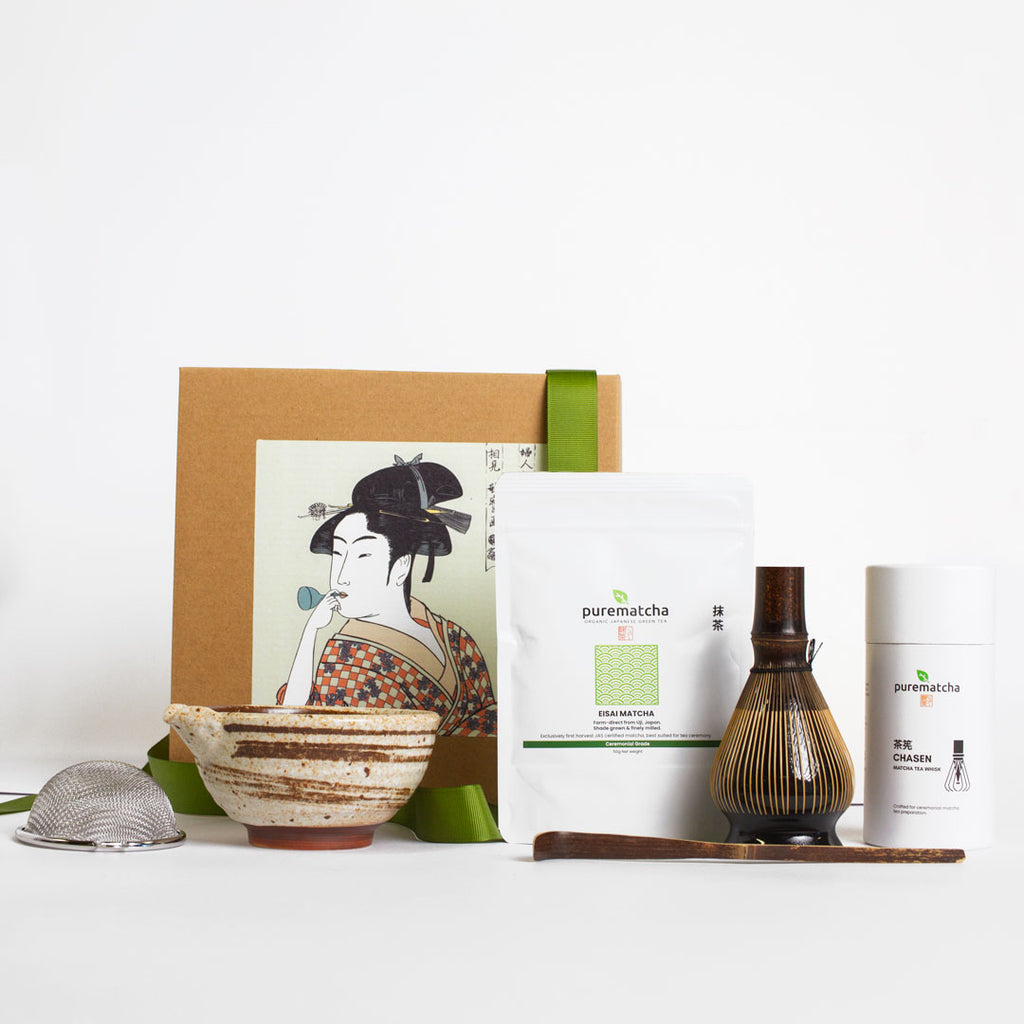 Tea-making set with 'purematcha' branding on a white background