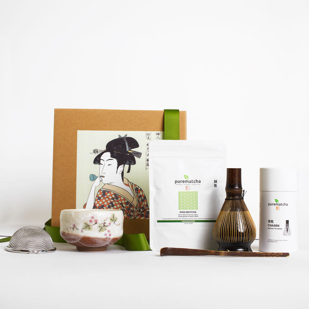 Tea-making set with 'purematcha' branding on a white background