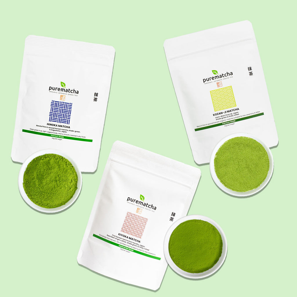 Pure matcha ceremonial and premium pack on light green background with image of matcha powders. 