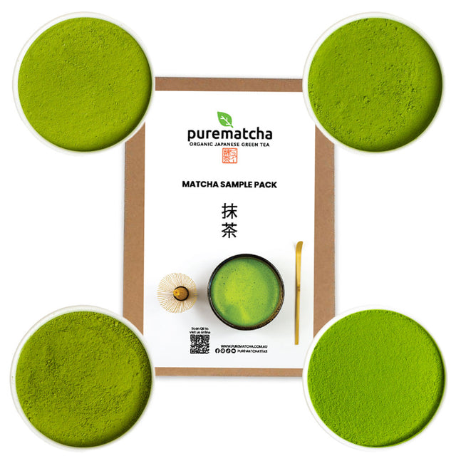 Matcha green tea powder sample pack with 'purematcha' branding on a white background
