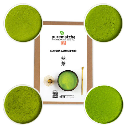 Matcha green tea powder sample pack with 'purematcha' branding on a white background