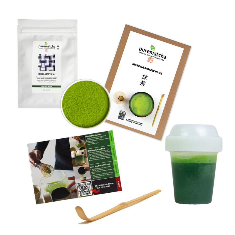 Purematcha Coffee-to-Matcha Kit with Hinoka pouch, bowl of powder, scoop and shaker