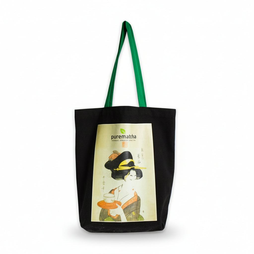 Purematcha Black tote bag with a colorful design and 'Purematcha' branding on a white background