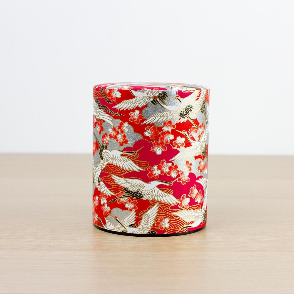 CRANE Red Japanese Washi Tea Canister 200g (Wide)