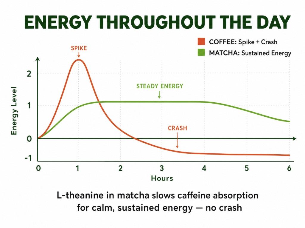 Energy throughout the day: coffee spike and crash vs matcha sustained energy